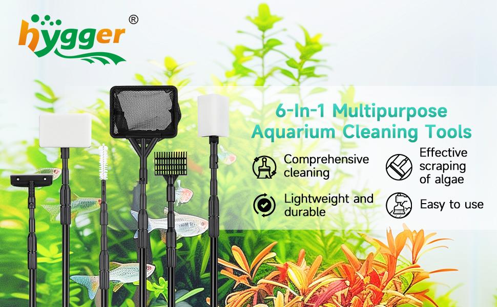 hygger 6-in-1 Aquarium Cleaning Tools, Multipurpose Fish Tank Cleaning Kit for 20-160 Gallon Tank with Telescopic Long Handle,6 Clean Heads