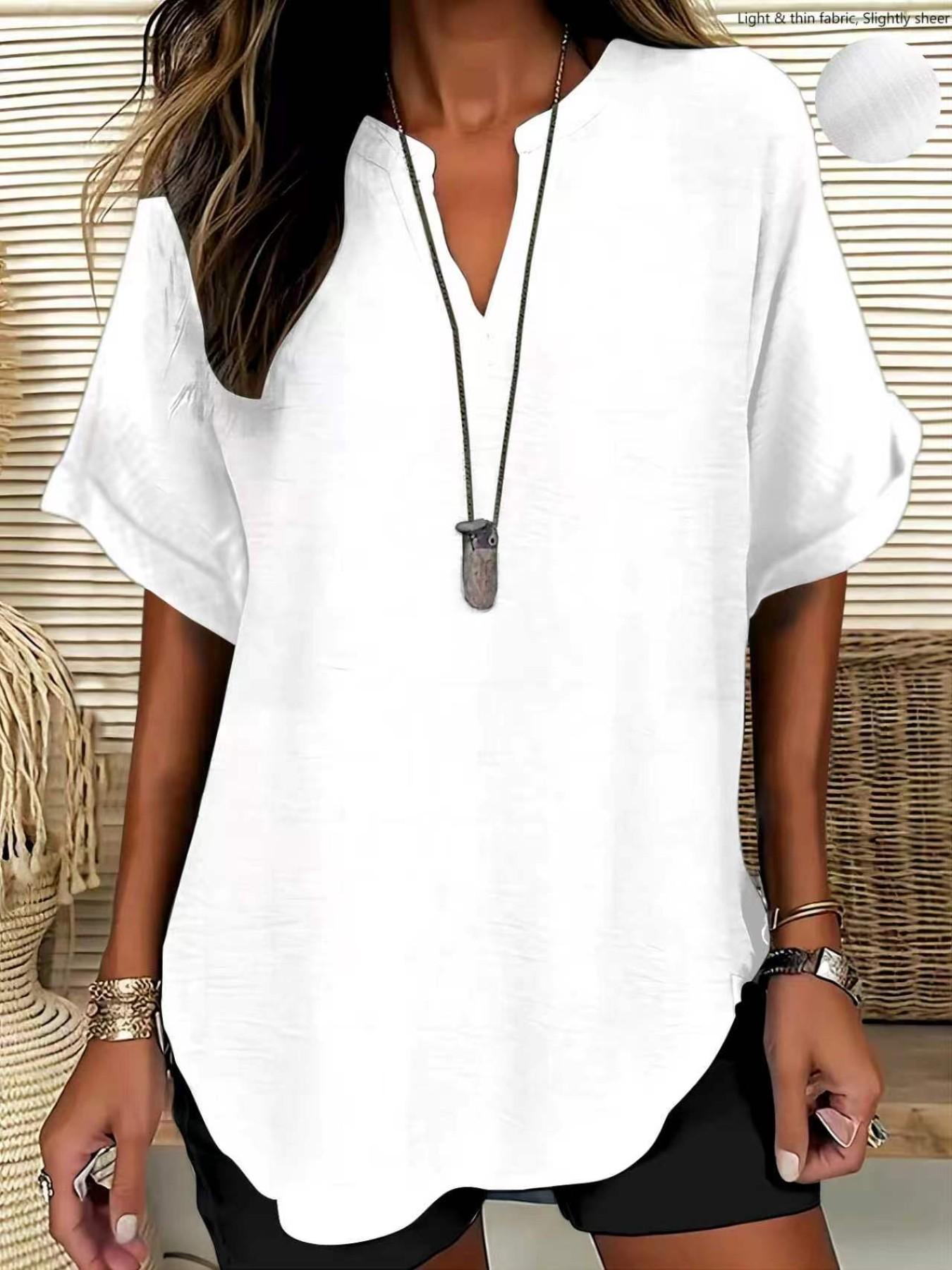 Women's Simple Vintage Solid V-Neck Short Sleeve Shirt Blouses, Casual Loose-Fitting Pullover, 100% Polyester, All Seasons Fashion Top