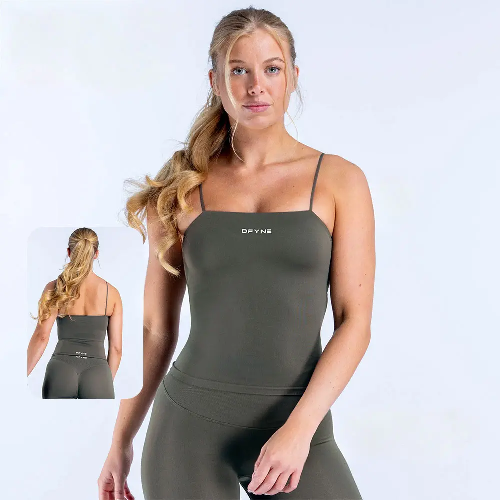 DFYNE Buttery Soft Spaghetti Strap Camisole - Longline Backless Workout Tank with Built-in Bra