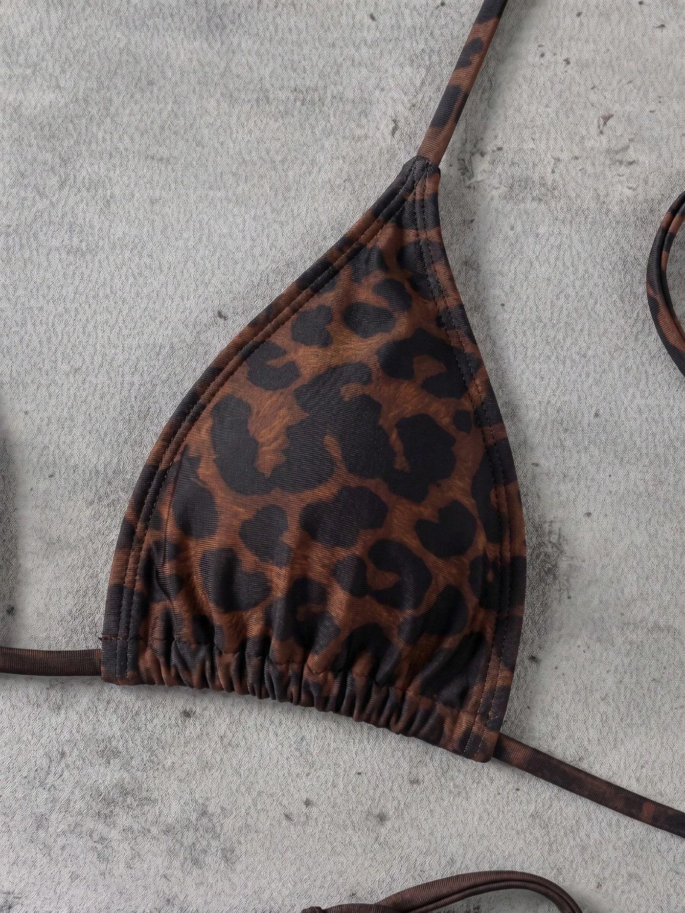 Vintage Leopard Print Bikini Set, High-Waist Triangle Bottoms, Two-Piece Design, Classic Pattern, Summer Beach Swimwear, Bikini Set Swimsuit, Bikini Swimsuits