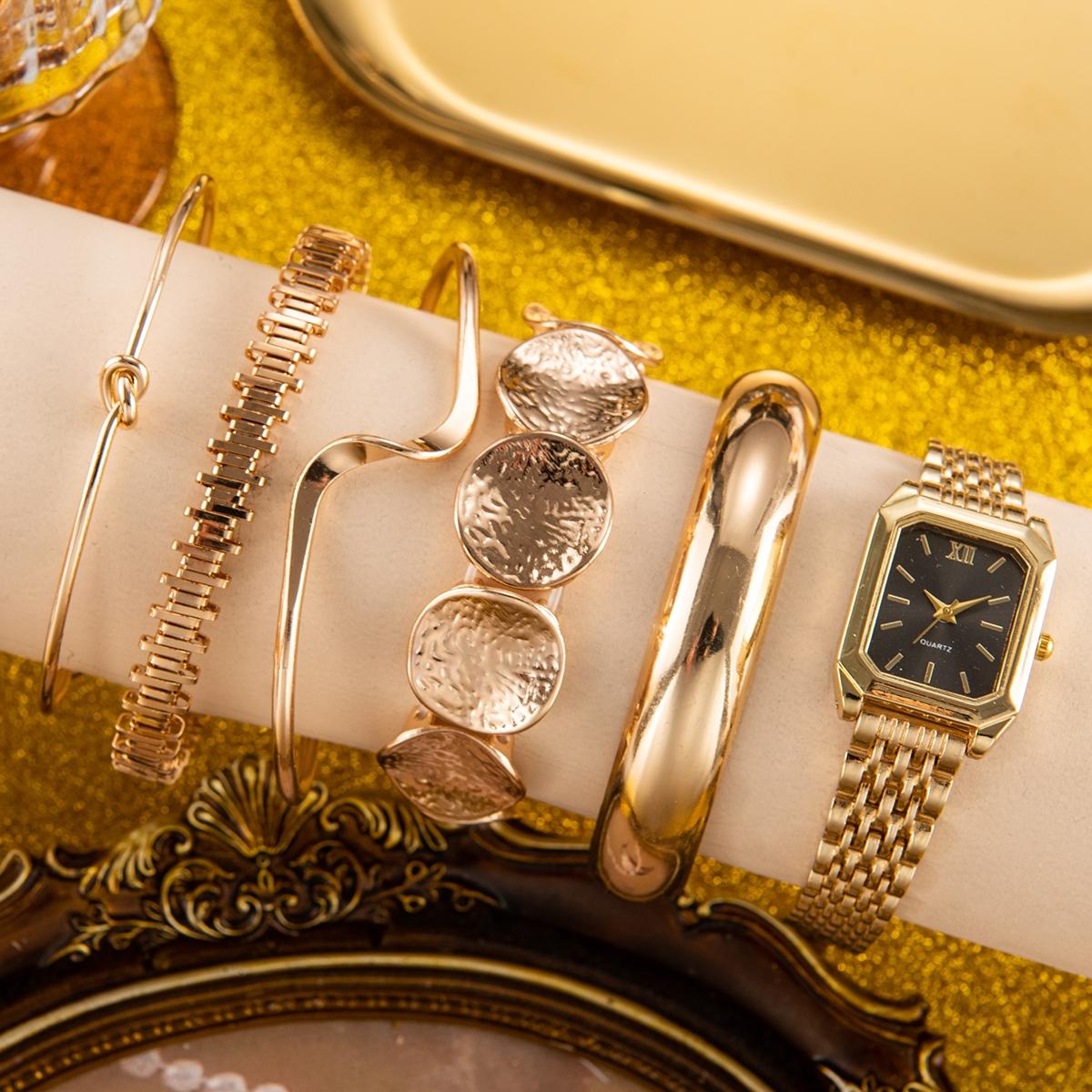 6pcs- retro luxury six-piece set directly seals the gods! Small square stainless steel watch +5 design bracelets, Roman dial retro expensive, twisted, hammered, snake bone chain multi-style.