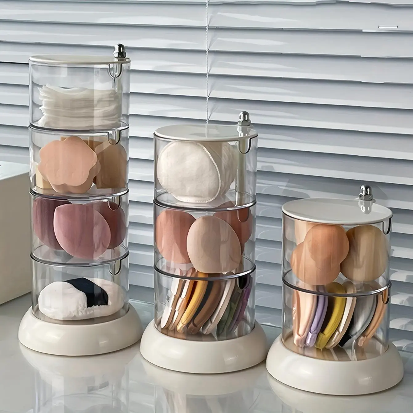 1pc Compartmentalized Rotatable Modern Transparent Plastic Dust-Proof Cosmetic Storage Box with Lid - Makeup Vanity Organizer for Puffs, Sponges, Ideal for Vanity Desk Display