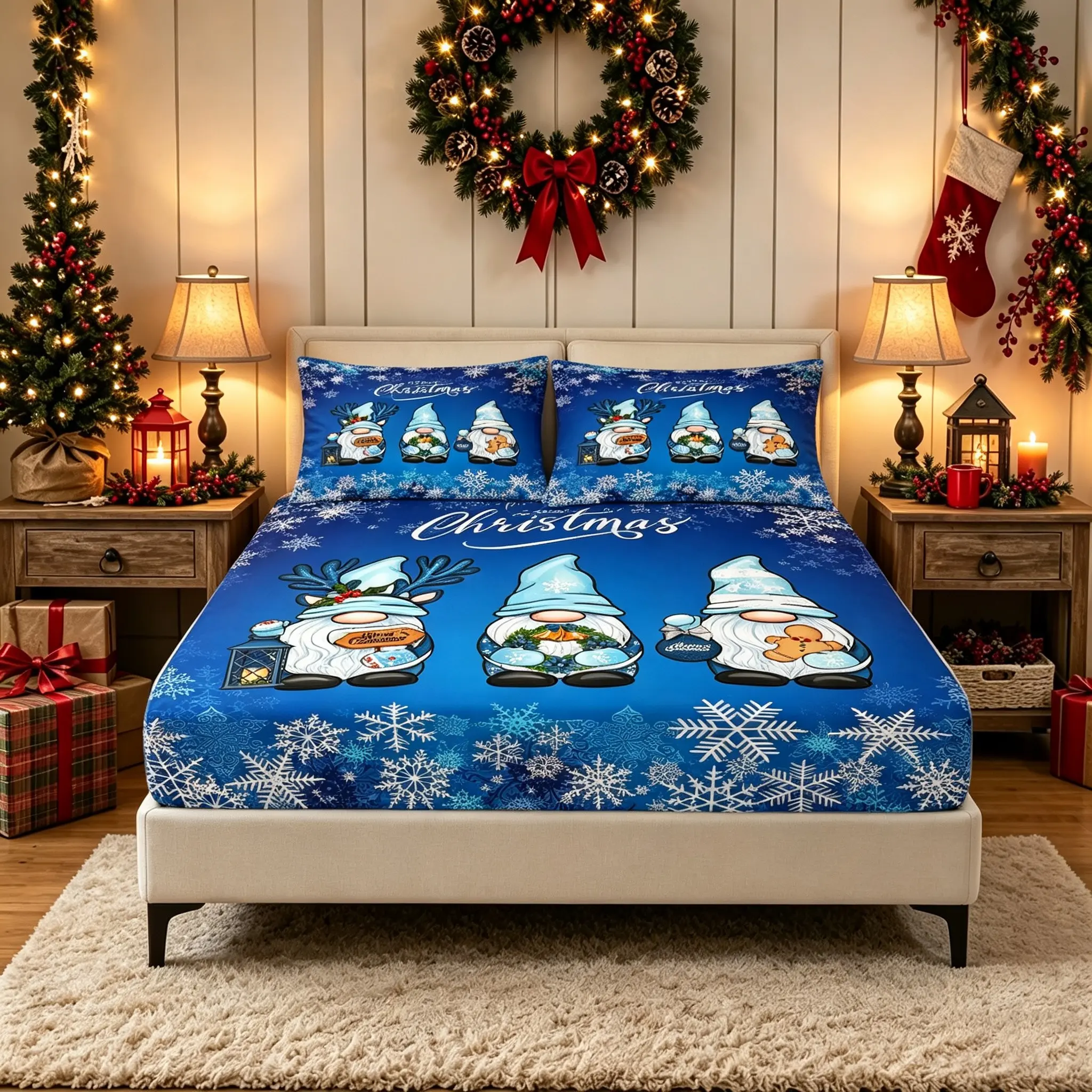 Cute Gnomes Fitted Sheet Set 3 Pcs,Blue White Snowflake Decorative Bedding Set,Christmas Theme Blue Bed Sheets,12" Deep Pocket Sheet With 2 Pillowcases (No Flat Sheet)