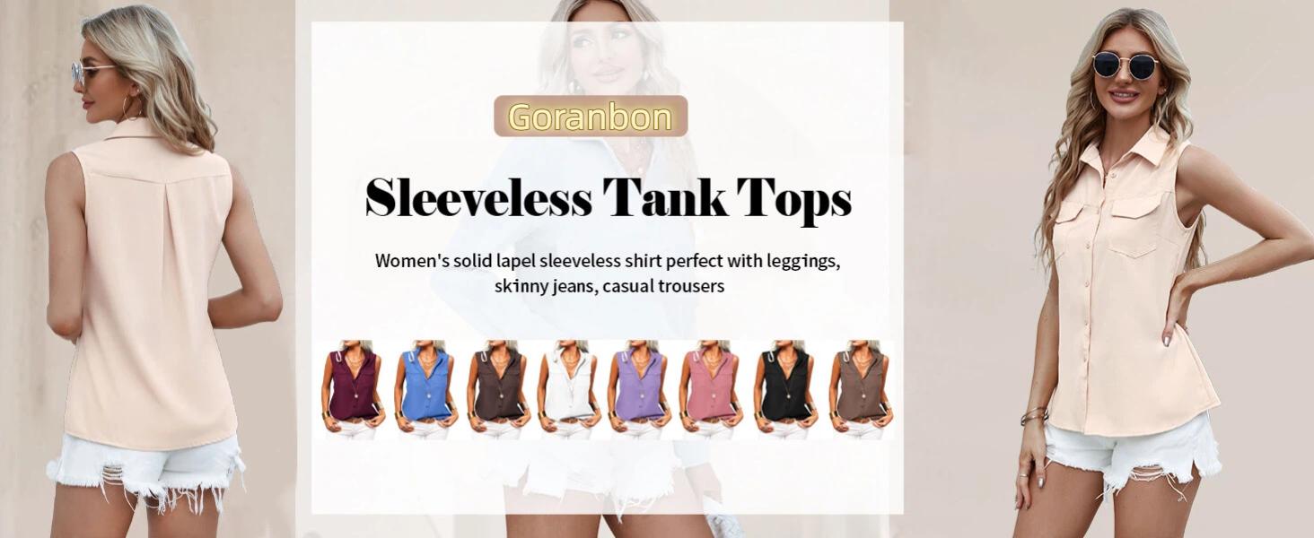 Goranbon Women's Solid Lapel Sleeveless Tank Tops Summer Button Down Shirts Office Ladies Shirts