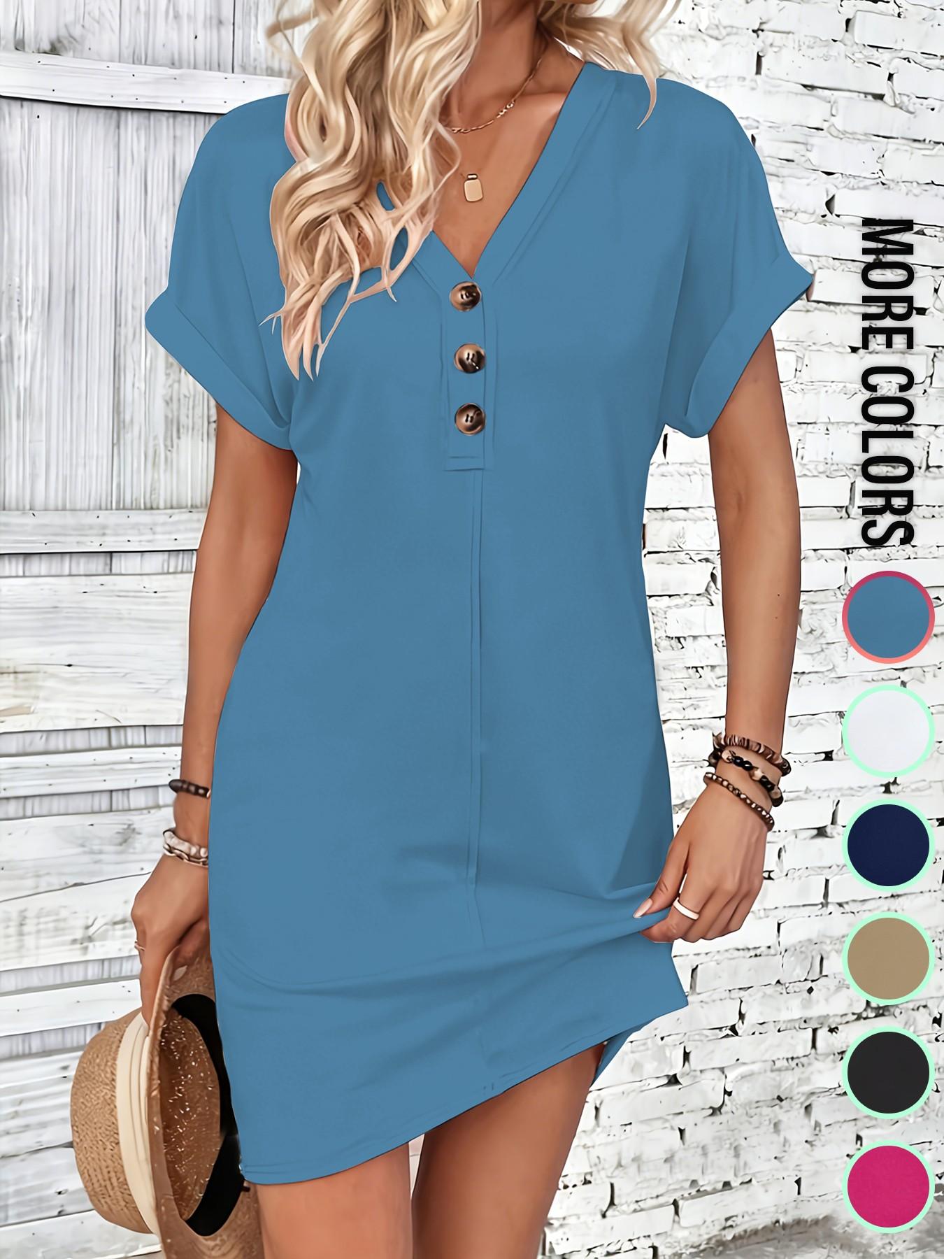 Women's Plain Button V Neck Tee Dress, Casual Short Sleeve Batwing Sleeve Short Dress for Summer, Fashion Women's Dress, Casual Wear