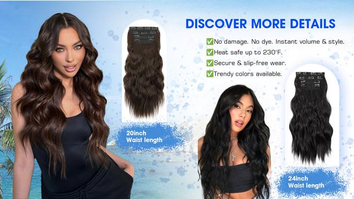 TOPHR HAIR BEAUTY Clip-in synthetic hair extensions Long Wavy 4PCS Thick Hairpieces Double Weft Natural Hair Extensions for Women Curly Wave Daily & Party valentines