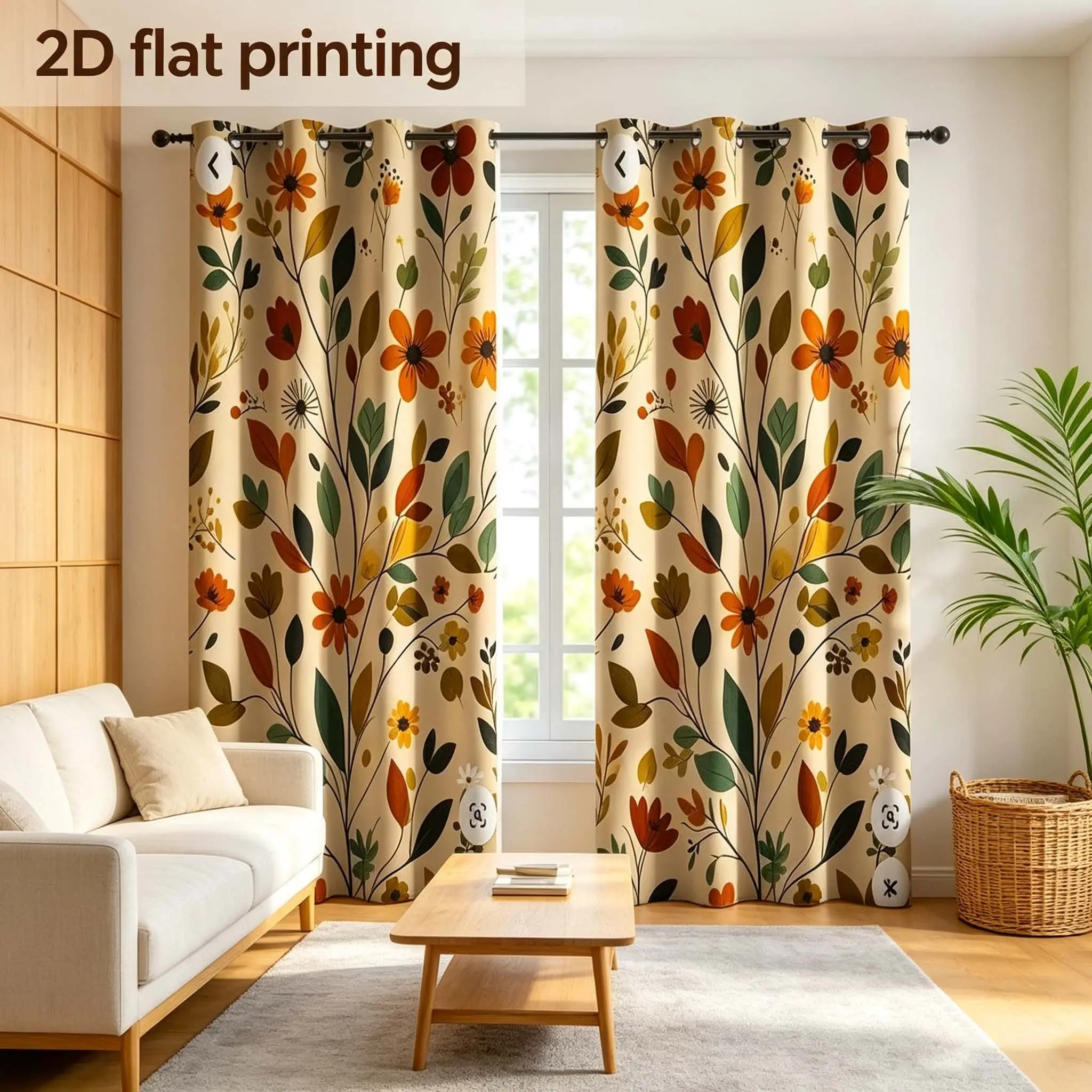 Two piece set of curtains, featuring brown floral patterns and embellished with green leaves, modern style curtains with metal rings, made of semi transparent polyester fabric, home decoration, Room Decor Curtain
