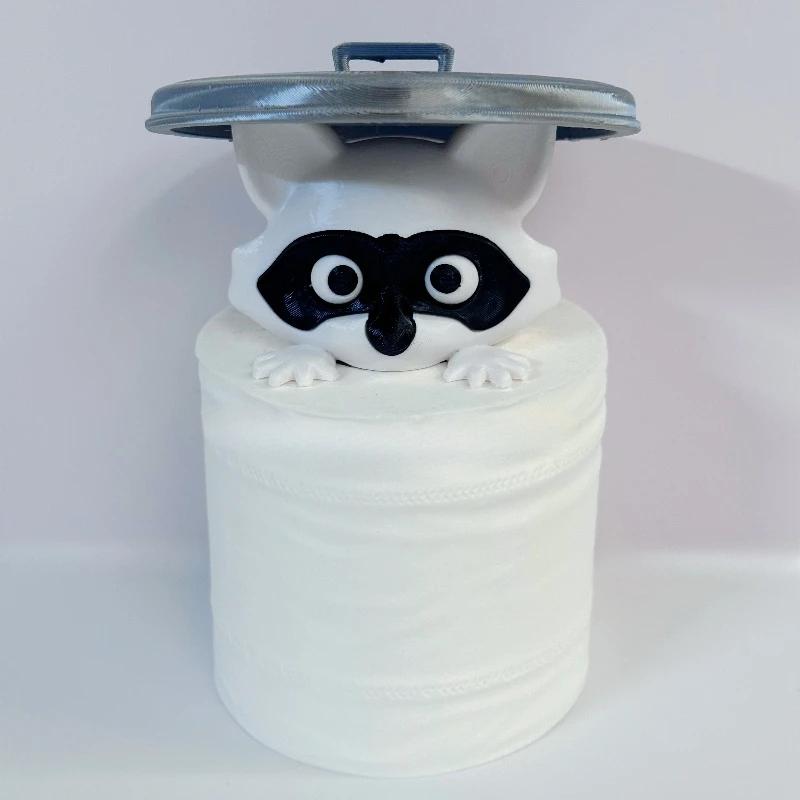 3D Printed Raccoon Toilet Paper Holder in Plastic, Whimsical Cartoon Design with Dustproof Lid, Standalone Bathroom Decor for Humor Lovers