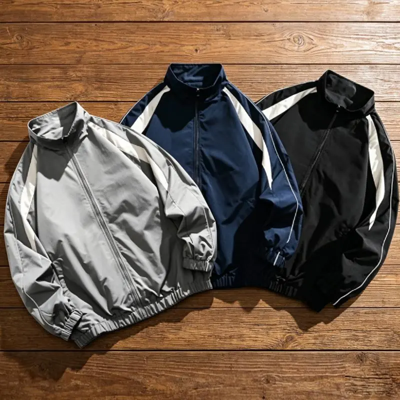 Men Stand Collar Full Zip Track Jacket, Black White Side Stripe Color Block Windbreaker, Elastic Cuffs Hem Lightweight Windproof Casual Hip Hop Street Athletic Outerwear