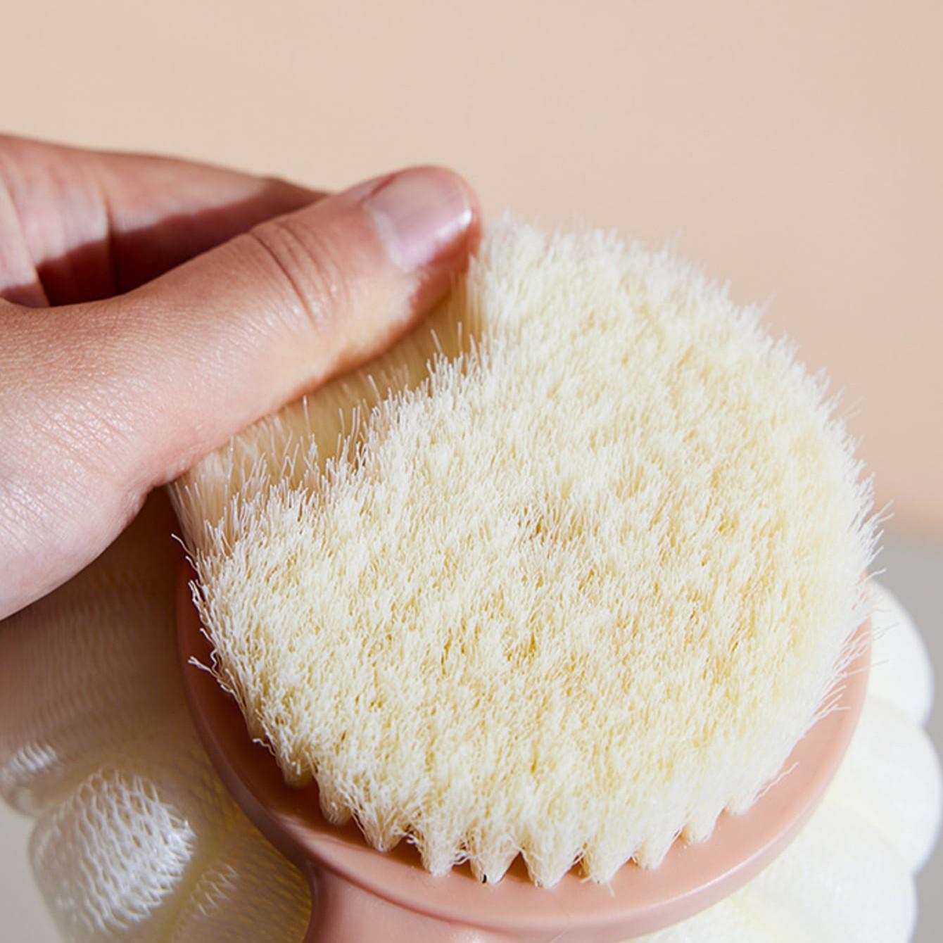 Double-Head Bath Brush Long Handle Exfoliating Nylon Bristles Soft Sponge Deep Cleaning Foaming Body Back Wash Tool