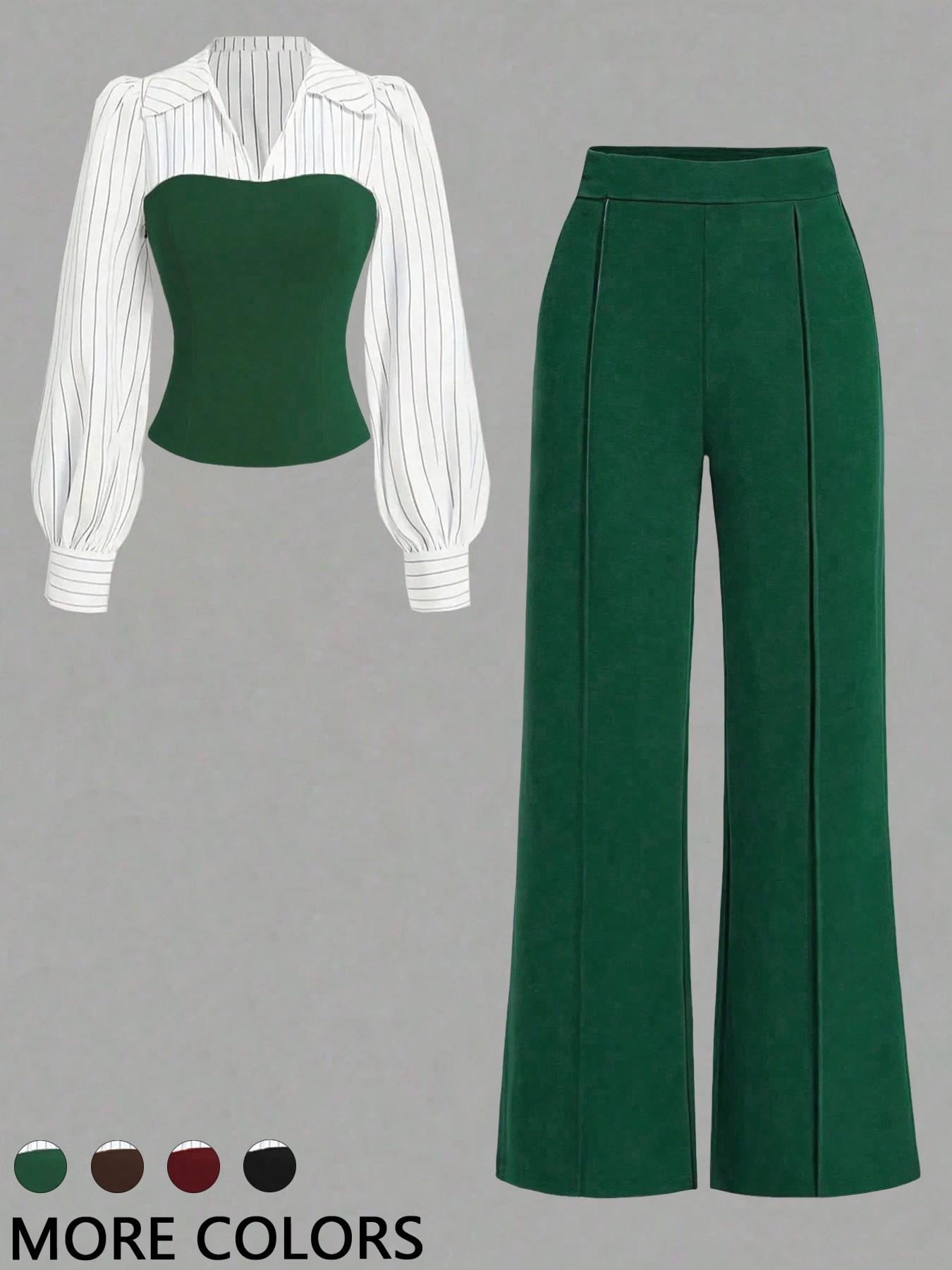 Women's Long Sleeve Colorblock Patchwork Shirt Set, Slimming Waist Design, Straight Leg Pants, Casual Fashion, 2 Piece Set