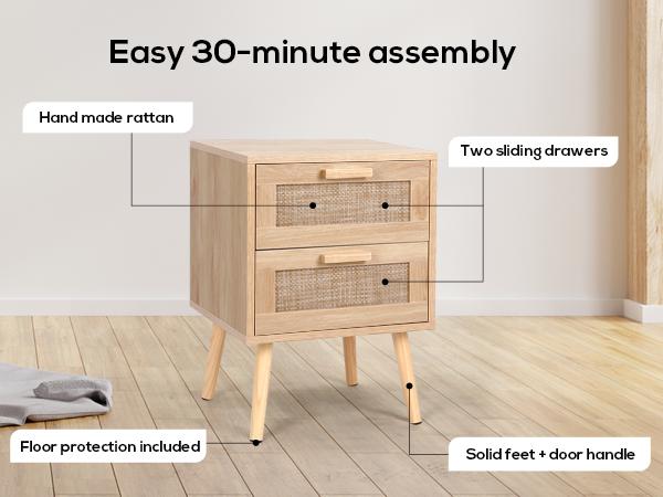 VOWNER Rattan Nightstand, End Table with 2 Drawers and Solid Wood Legs, Side Table with Storage for Bedroom, Easy Assembly Night Stand for Kids Room