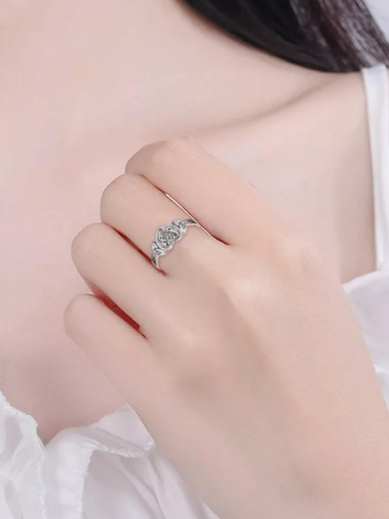 S925 Sterling Silver Hollow Out Celtic Knot Design Cuff Ring, Heart Signet Ring, Statement Ring, Unique Rings, Beautiful Rings, Fashion Creative Jewelry for Women & Men, Trendy Exquisite Jewelry As Gift, with Box