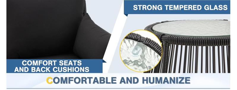 Patio Conversation Bistro Set, Outdoor All-Weather Wicker balcony Furniture with Tempered Glass Top Table Wide Ergonomic Armchairs, Seat Cushions for Porch, Backyard