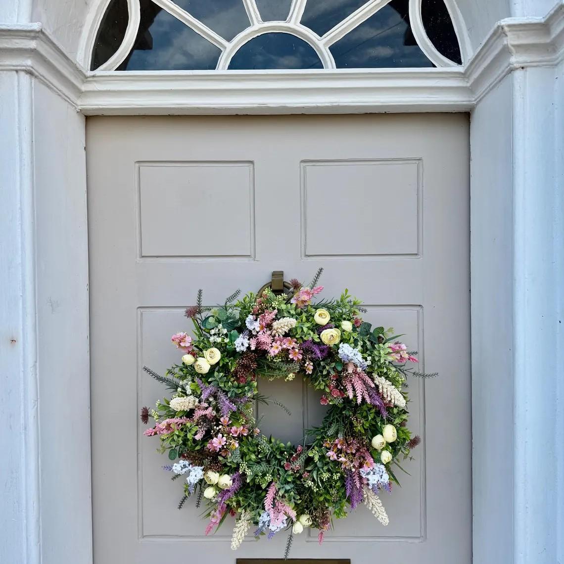 Wildflower Lavender Wreath, Farmhouse Summer Grass Door Decor, All-Season Mother's Day Gift, Spring Wreath, Year-Round Housewarming Present