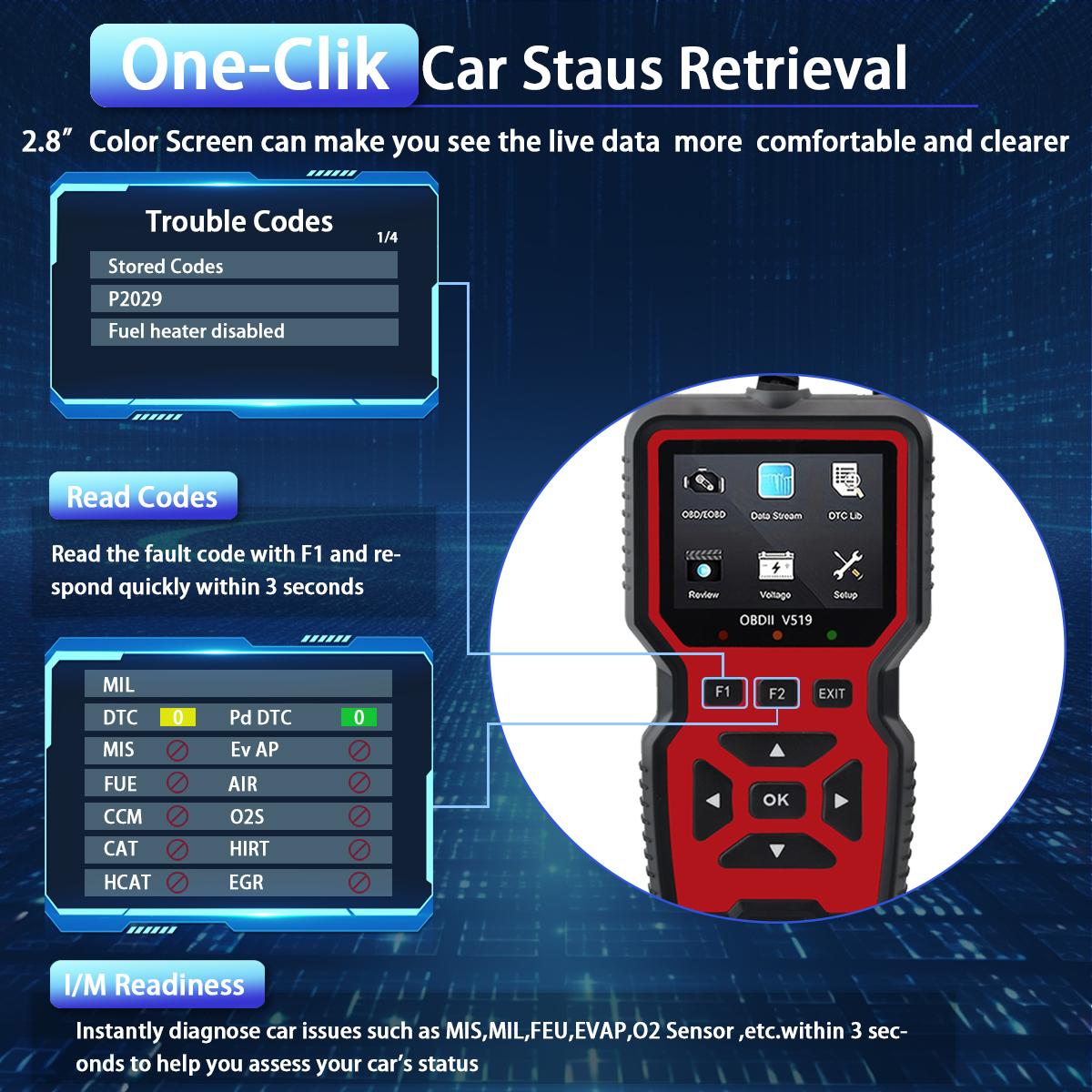 Car OBD2 Scanner Diagnostic Tool Code Reader, Car Voltage Tester Engine Fault Code Scanner, Charging Tester Diagnostic Tool For OBDII Protocol Cars V519-red