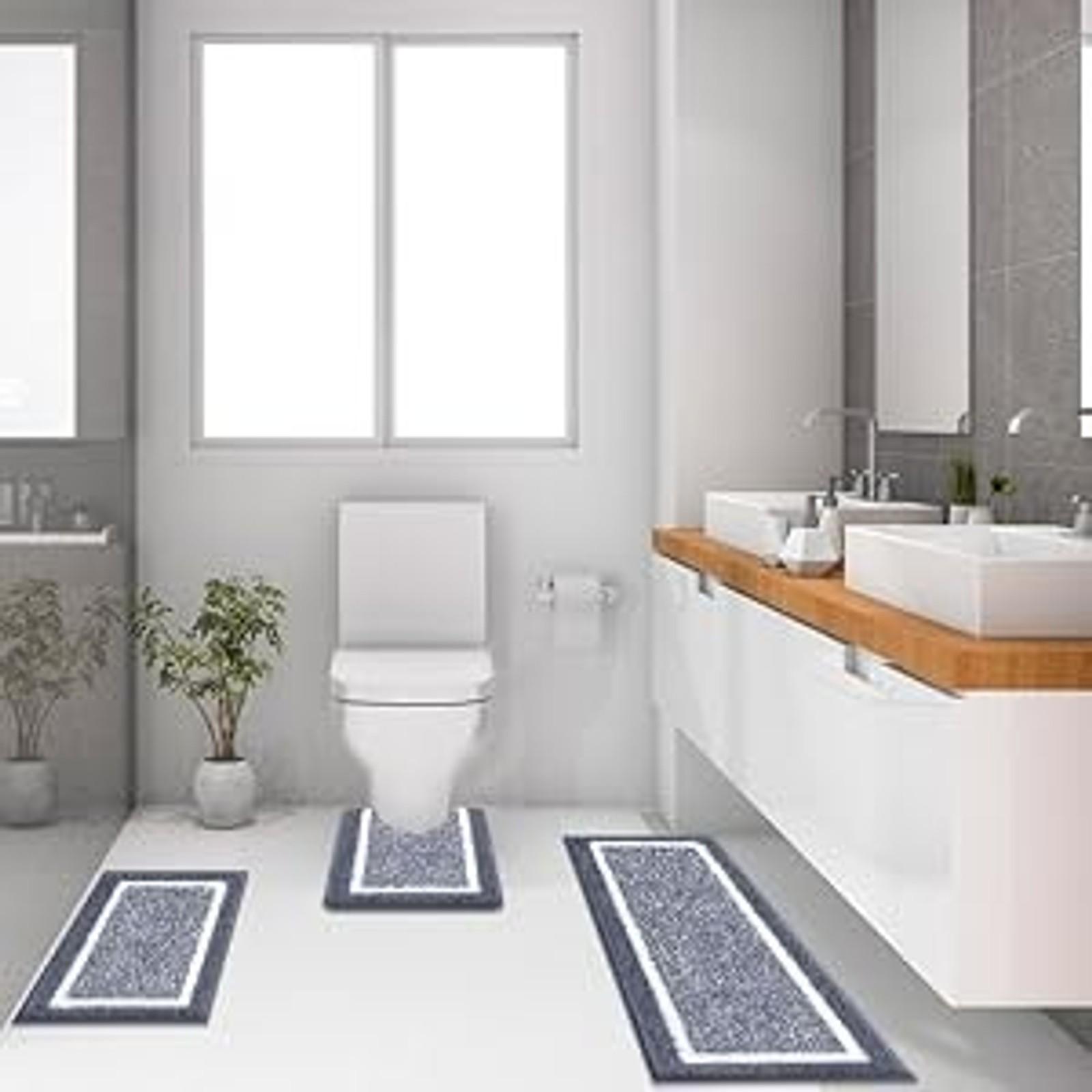 3 Piece Non Slip Washable Bathroom Rugs Set, Plush Absorbent Microfiber Bath Mat Shower Rug Runner, Quick Dry Super Soft U Shaped Toilet Mat Floor Carpet, Dark Grey
