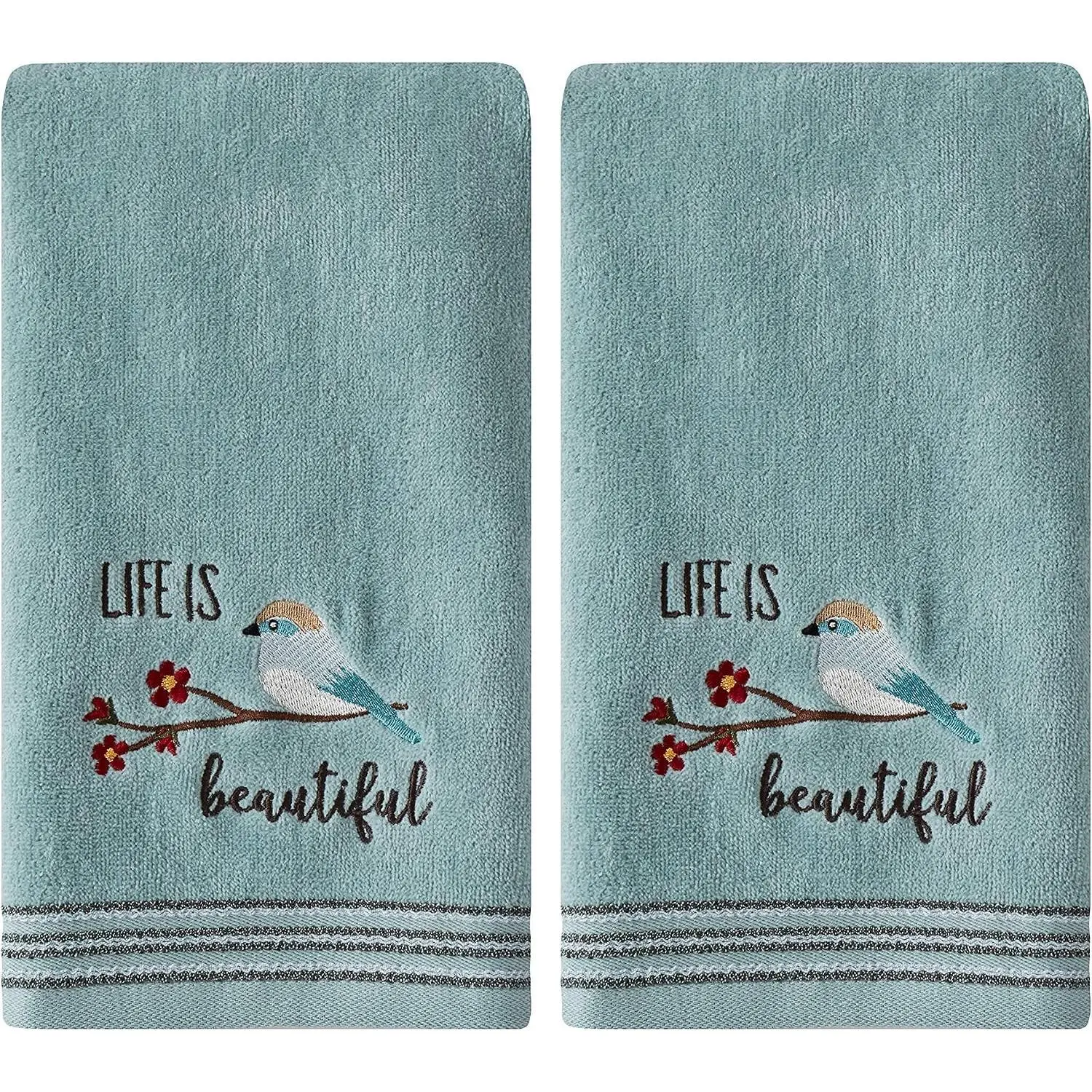 Life Is Beautiful 2 Pc Hand Towel Set, Aqua - Soft Absorbent Bathroom Hand Towels Perfect for Home Daily Use