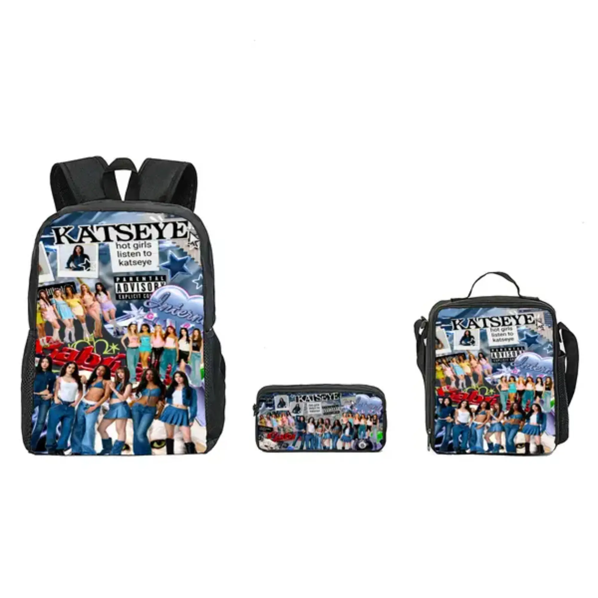 Teen Girls' 3-Piece Pink Aesthetic Kpop & Anime Style Student Class Backpack Set, Large Capacity School Daypack for Campus Life, W/ Insulated Katseye Lunchbox & Pencil Case, Back To School Haul, School Backpacks