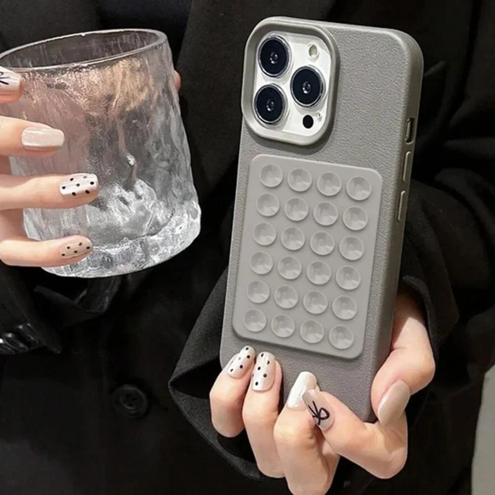 Minimalist Solid-Color Suction Cup Stand Leather-Textured Phone Case Cover Casing For iPhone 17 16 15 14 Plus 13 12 Pro Max 11 XS XR XS Max Shockproof Protective Case Accessories