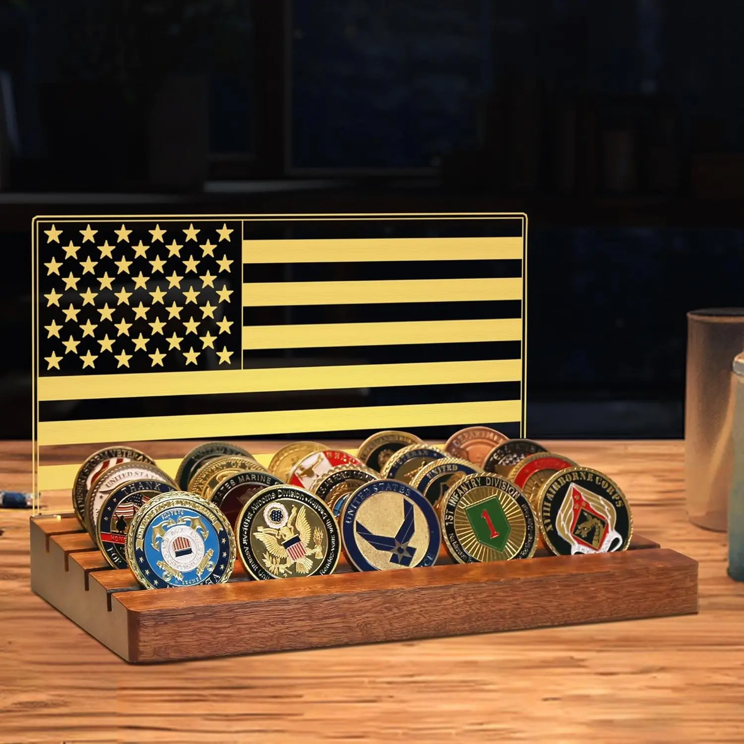 Challenge Coin Display, Light up Coin Holder American Flag with Warm White Color Light, 4 Row Holder Wooden Rack Gift for Military Army for Him Father, Military Coin Holder Display Case