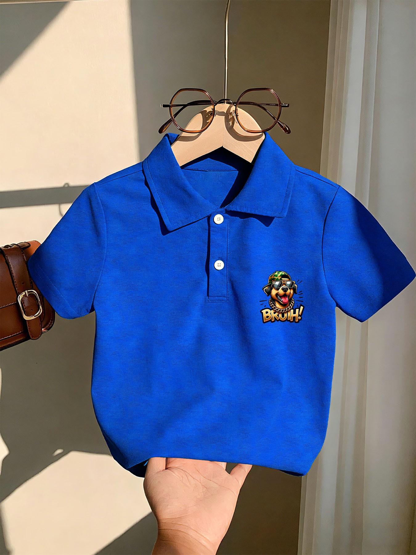 Boys' Cool Dog Print Polo Shirt, Trendy and Eye-Catching, Perfect for Summer Streetwear, Casual, Soft and Breathable