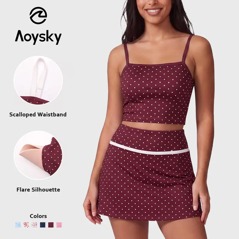 Aoysky Women's 2-Piece Matching Set - Sleeveless Spaghetti Strap Square Neck Crop Top & High Waist Mini Skort, Lightweight Sheer Floral Print Casual Summer Outdoor Clothes, Stretch Blend