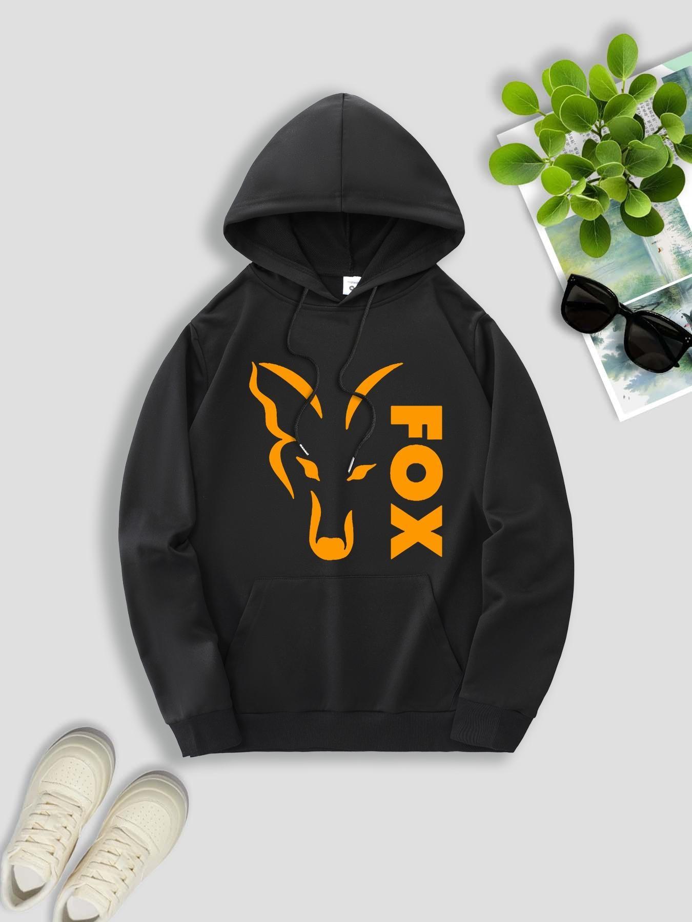 Men's Fall Winter American Streetwear Fox Print Hooded Fleece Sweatshirt, Versatile Sportswear Casual Loose Fit Hoodie