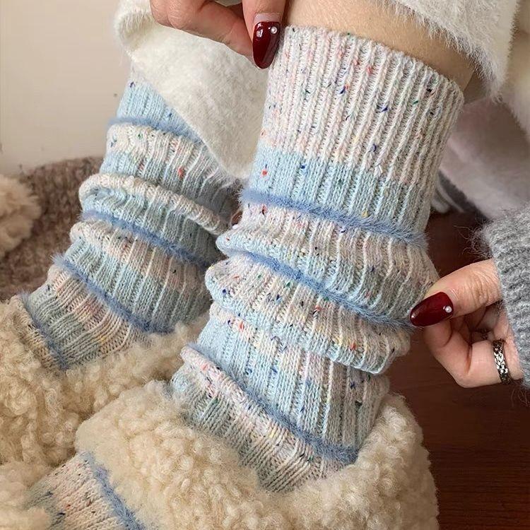 Women's 4PCS Slouch Fit Thick Wool Mid-Calf Socks - Korean Ins Style Color-Block Dot Thick Yarn Thermal Socks for Lady Autumn Winter Daily Wear (Sports & Outdoor Use)