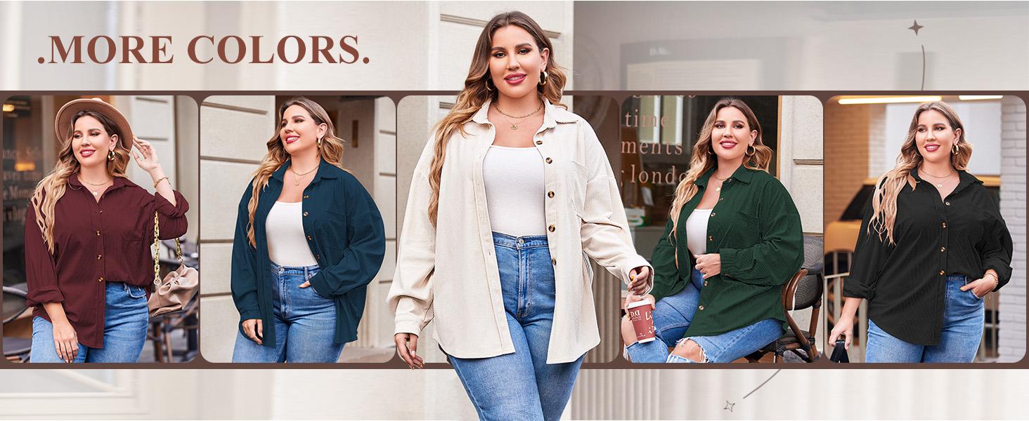 IN'VOLAND Womens Plus Size Corduroy Shirt Long Sleeve Button Down Shirts Fall Blouses Tops Casual Jacket Shacket Loose Fit Lightweight