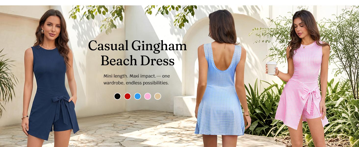 Wenrine Womens Summer Backless Mini Dress Gingham Wrap Tie Waist Romper Skort Built in Shorts Vacation Tank Sundress