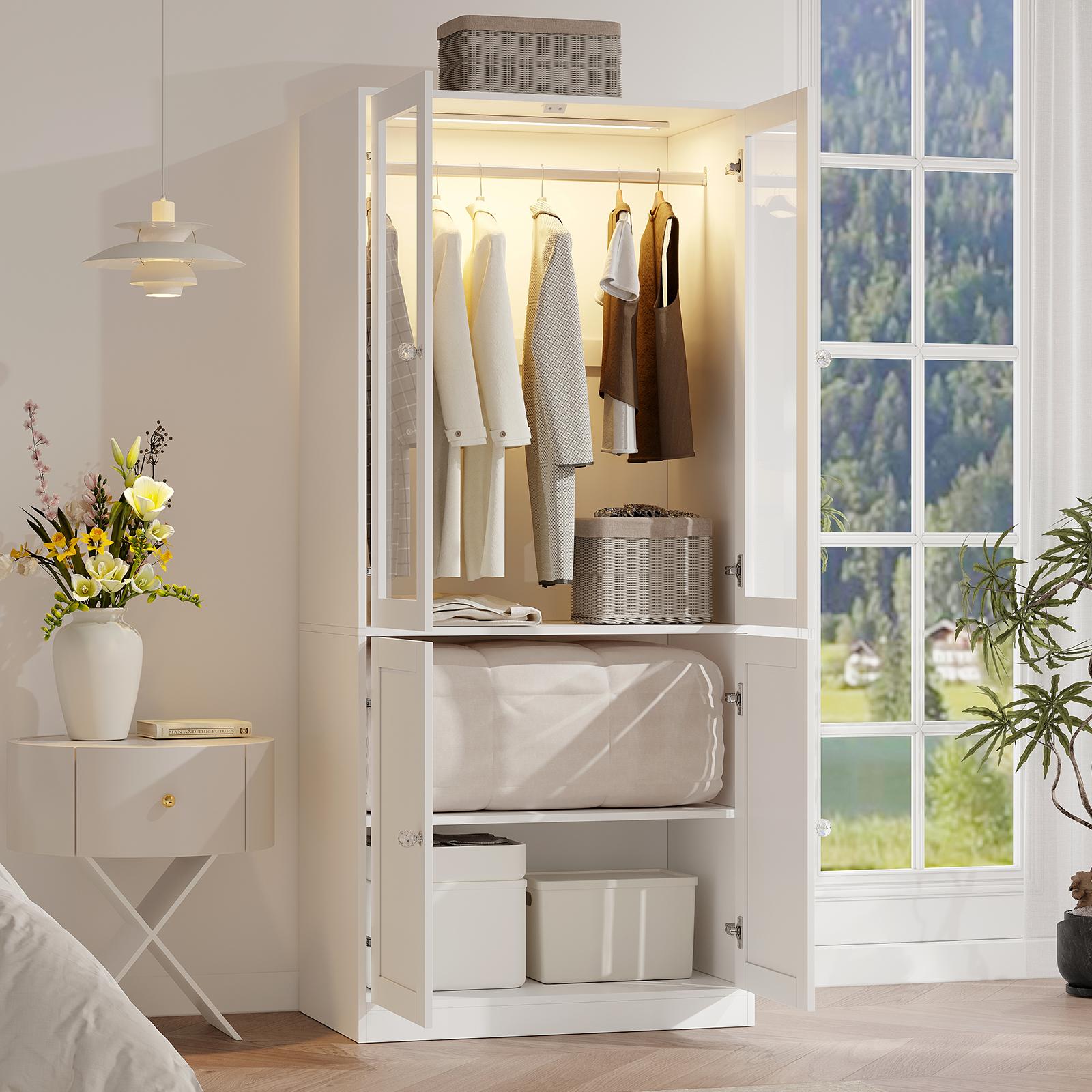 VOWNER  Freestanding Wardrobe, 71" High Bedroom Wardrobe with 2 Doors and 3 Drawers, With Hanging Rod, Bedroom, Living Room, White