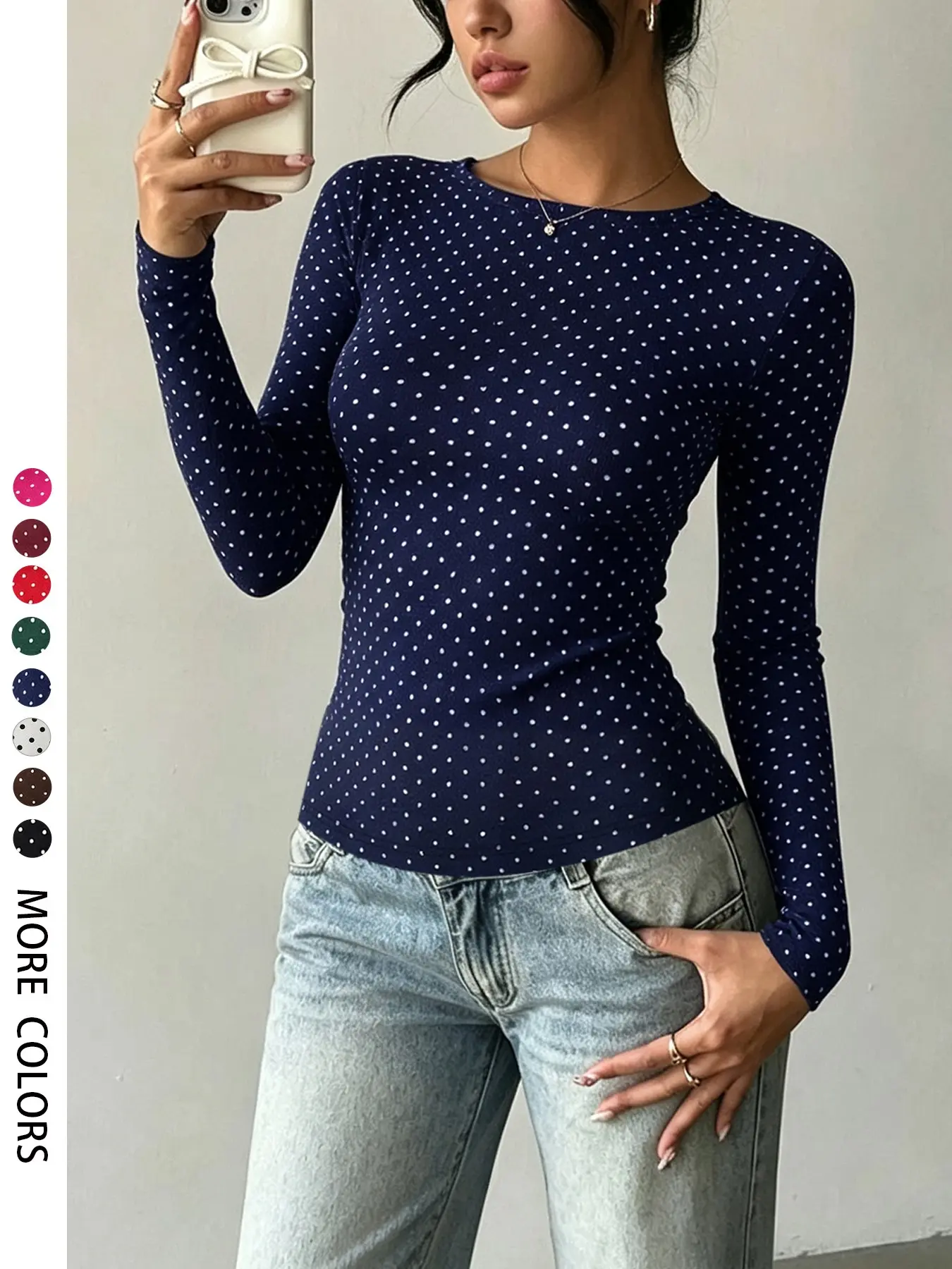 Women's Polka Dot Round Neck Long Sleeve Top, Slim Fit Casual T-Shirt for Fall & Winter, Street Style, Daily Wear, Homewear