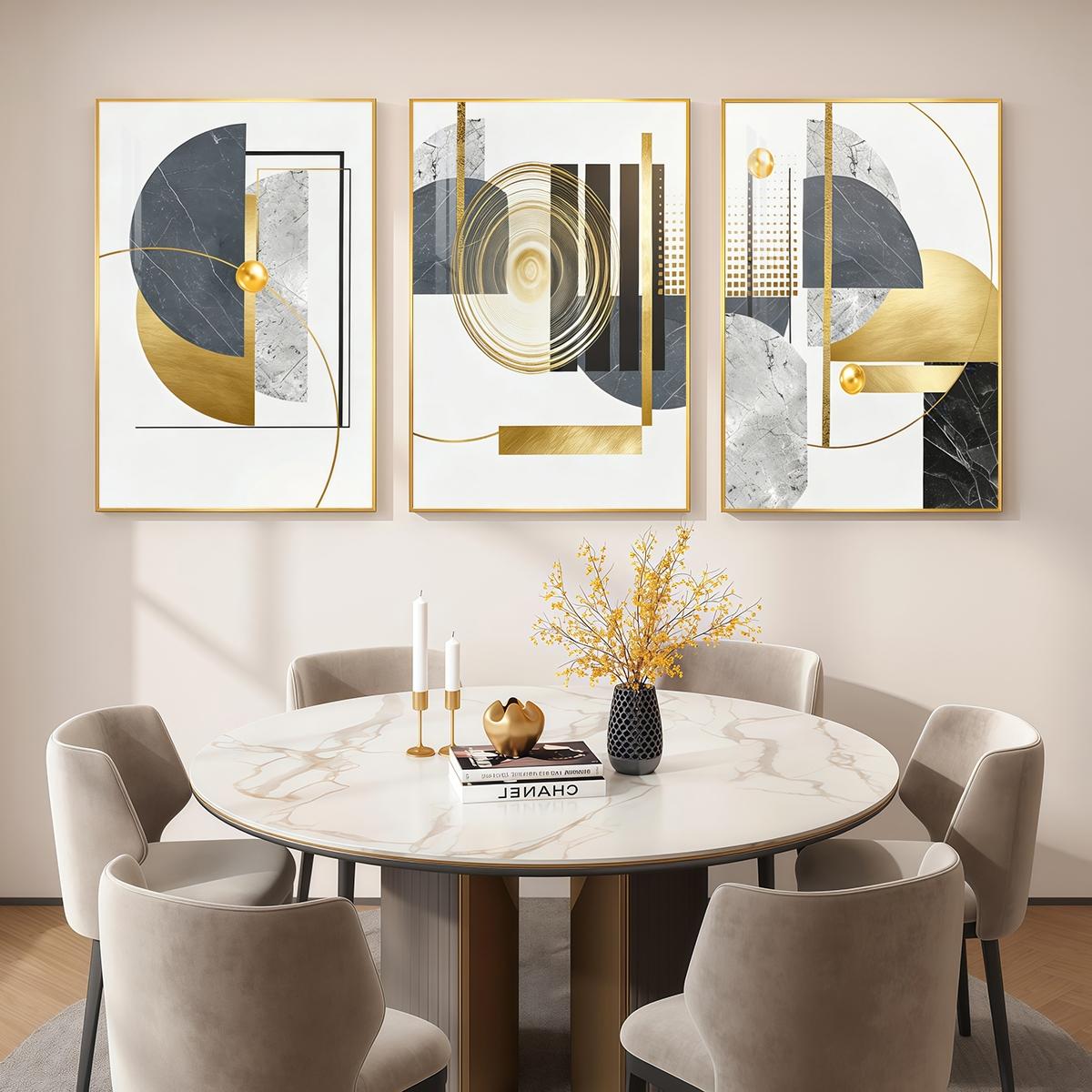 3 Counts Aluminum Alloy Framed Painting, Geometric Gold And Grey Abstract Art, Home Decoration For Living Room, Bedroom, Office, Restaurant, Hallway Wall Decor, Odorless Print Artwork, Luxury Perfect Gift For Friends And Family