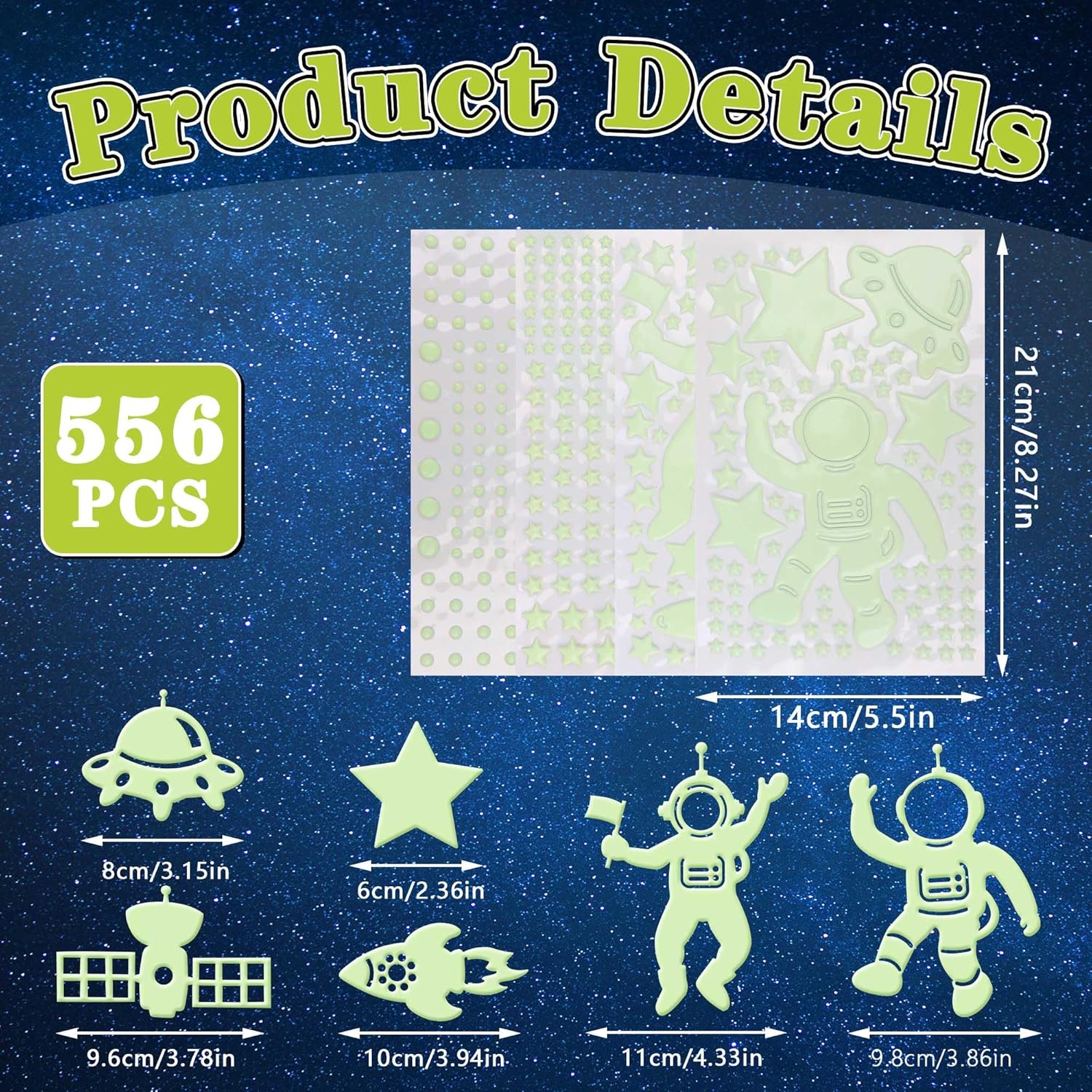 556 count Glow in The Dark Stars for Ceiling,  Glow in The Dark Space Galaxy Stickers Astronaut Rocket  Dots Stars for  Room Wall  Ceiling Decorations Party Birthday  (Green)