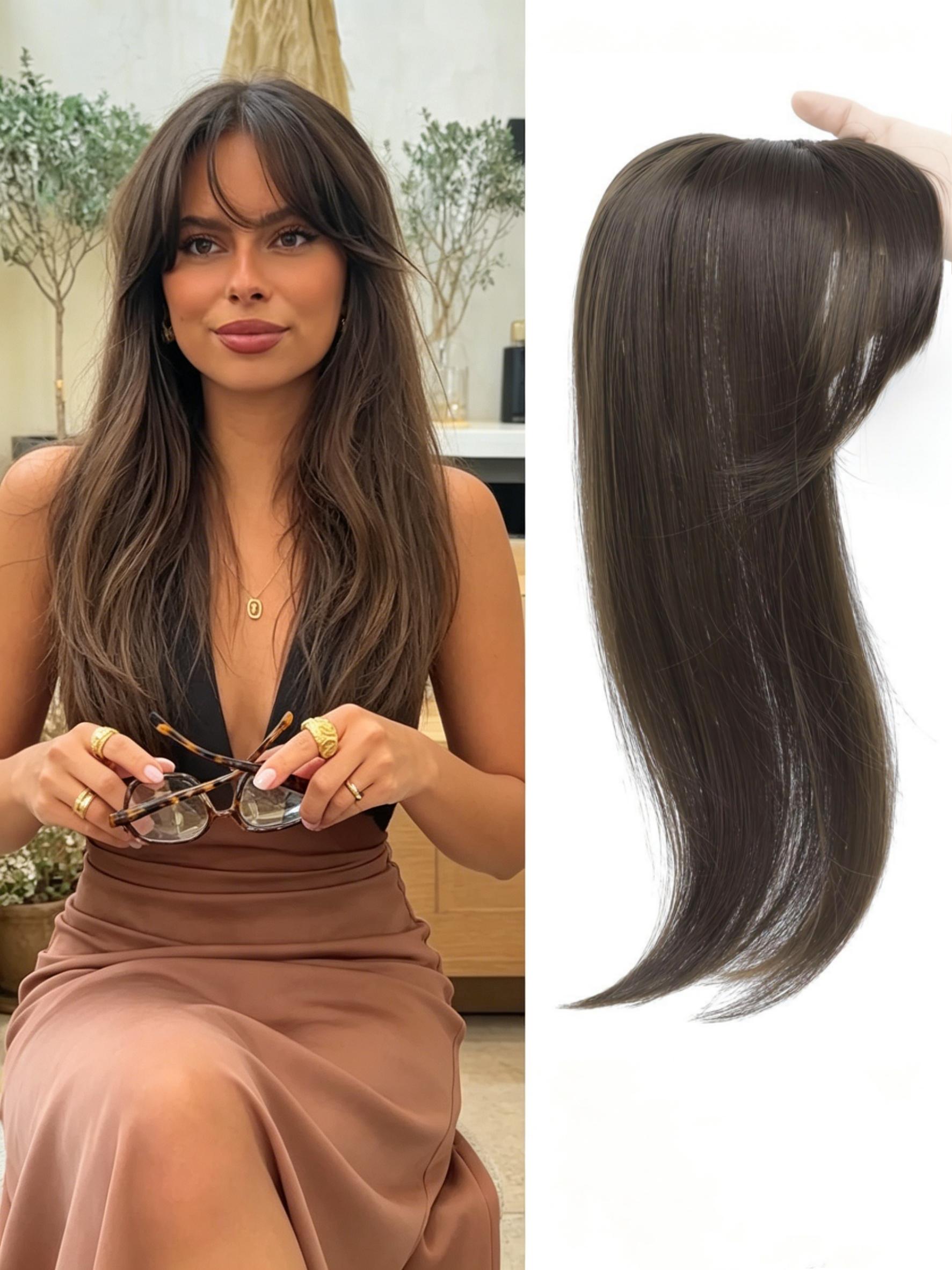✨Fresh Summer Beach Dark Chestnut Straight Clip-In Topper, Premium Kanekalon Synthetic Hair With Soft Layered Curtain Bangs, Seamlessly Mask Sparse Scalp, Ideal For Seaside Trips & Simple Daily Looks