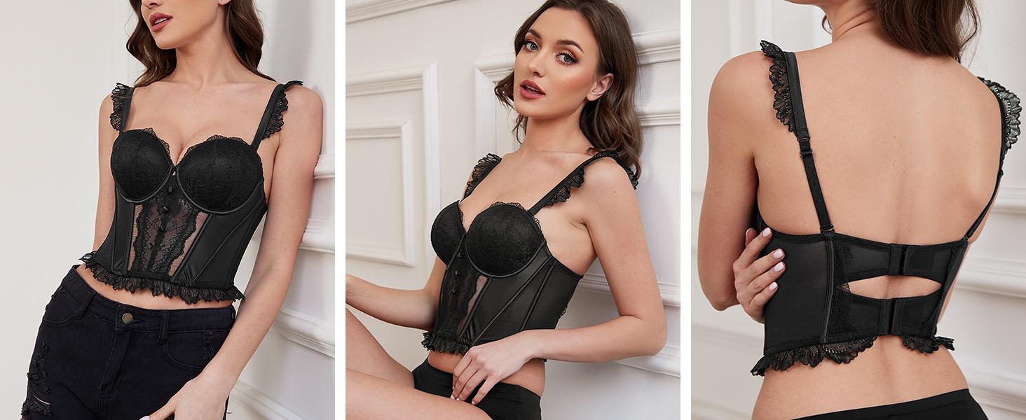 Wingslove Fashion Women's Strapless Bra Longline Lace Bustier Corset Push Up Boned Underwire Sexy Sheer Mesh Lace Trim Low Back Bra