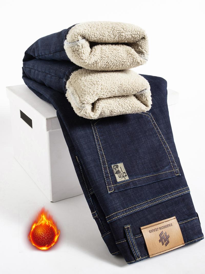 Men's Fleece-Lined Denim Jeans, Winter Casual Friday Loose Straight-Leg Warm Pants, Thickened Thermal Comfortable Men's Clothing Men's Fleece-Lined Denim Jeans, Winter Casual Friday Loose Straight-Leg Warm Pants, Thickened Thermal Comfortable Men's Clothing