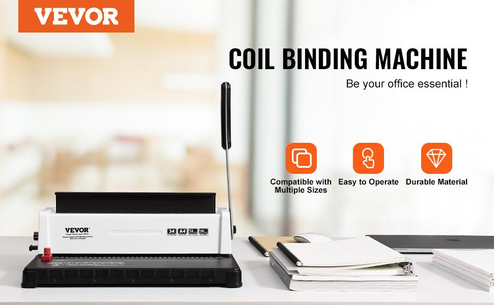 VEVOR Coil Spiral Binding Machine, Manual Book Maker 34-Holes Binding 120 Sheets, Punch Binder Adjustable 3/16 - 9/16 Coil Binding Spines, for Letter Size, A4, A5