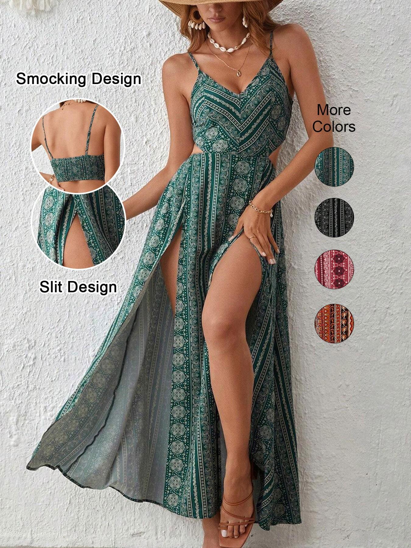 Women's Boho Striped Bodycon Dress, Slit Thigh Backless Spaghetti Strap, Perfect for Beach Vacation & Layering