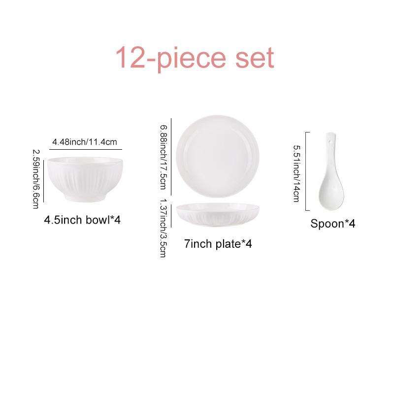 12pcs Ceramic Dinnerware Set, 4 Bowls 4 Plates 4 Spoons, Complete Tableware Set, Dishwasher & Microwave Safe, Home Daily Use