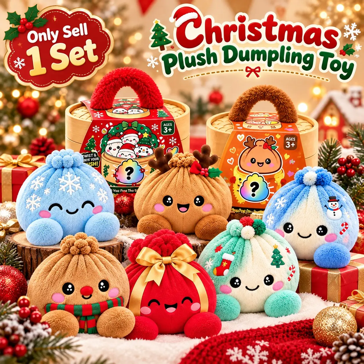 Cute Plush Stuffed Dumpling Squishies, Christmas Plush Squeeze Fidget Toy, Christmas Mystery Plush Dumpling Squishies, Cute Dumpling Bun Plushi for Home Office Decor, Christmas Gift for Kids Adults, Soft Cute Stuffies