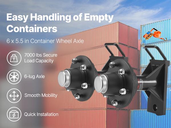 VEVOR Heavy Duty 6-Lug Shipping Container Wheels Kit with Axle, J Hook, Quick Setup, Powder Coated Rust-Proof Ratchet Tie Down, Steel Frame - 7000 lbs Capacity, Moves 20ft-40ft Containers for Warehouse, Construction Site Use, Dock