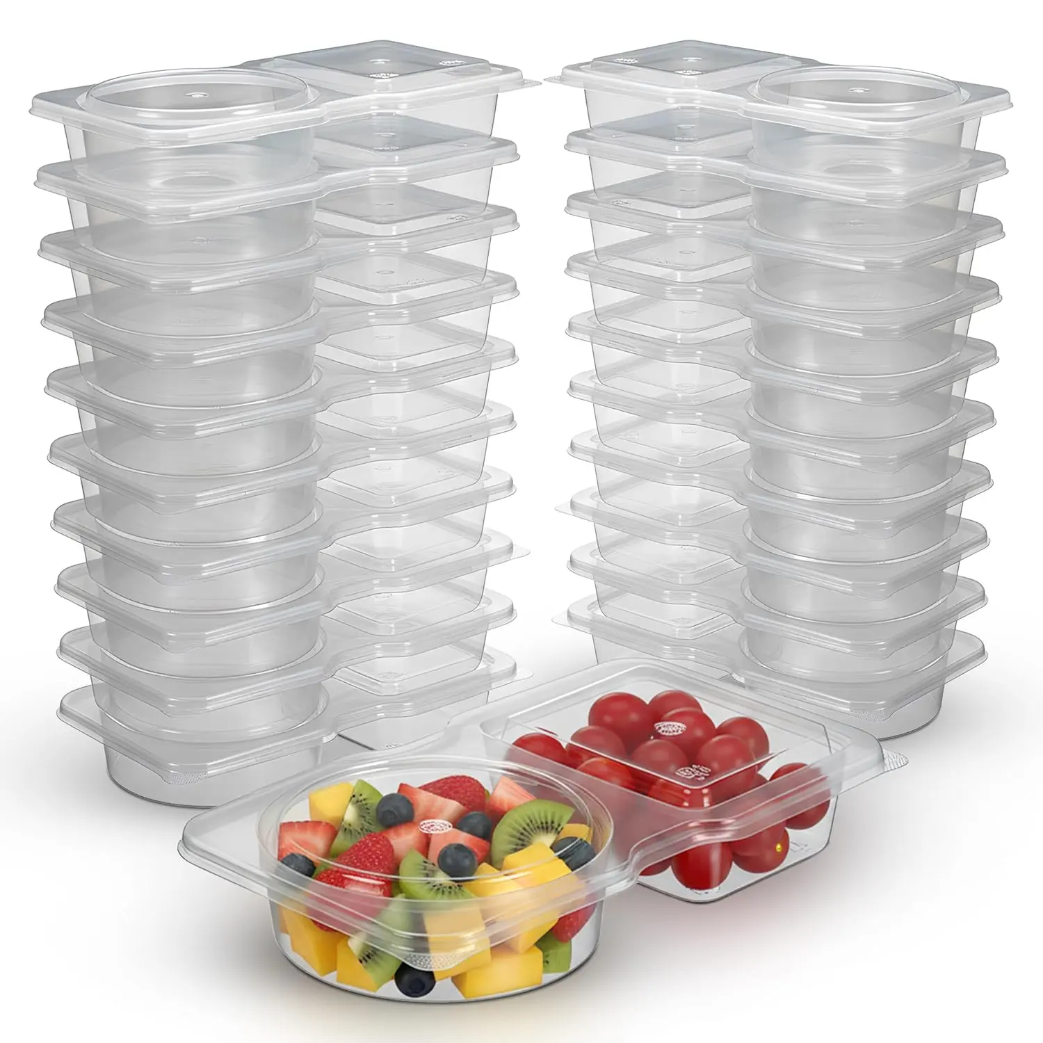 Reusable Snack Containers with Lids 30 Pack – 2 Compartment Portion Control Food Storage Boxes, Leakproof Snack Tray, Stackable Containers for Travel, Office & Home (30)