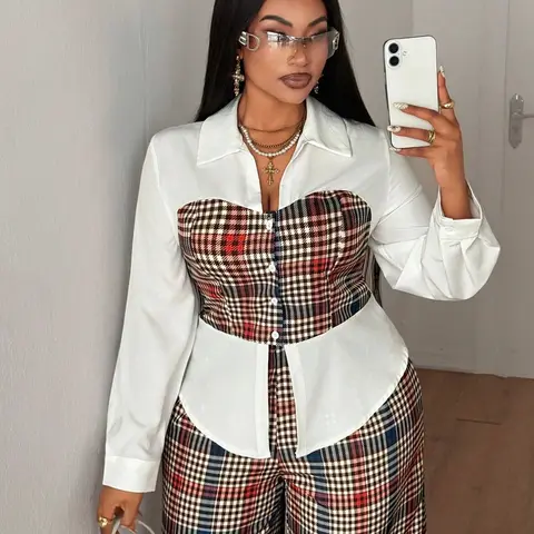 Plus Size Women's Suit Set, French Collar Plaid Striped Leopard Print Two-Piece Set, Loose Fit Wide Leg Pants, Fall Fashion, Casual Style