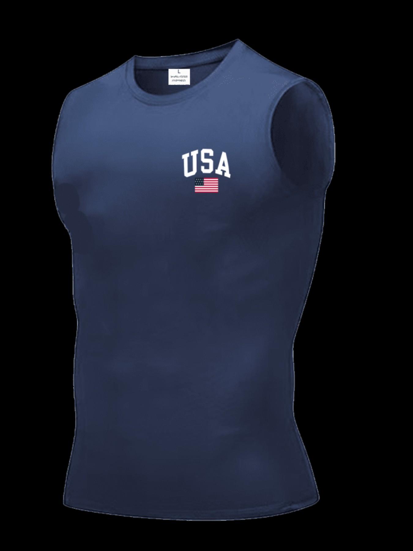 Men's Short Sleeve Sporty Slim-Fit Knitted Fabric, Usa Pattern Print, Breathable Moisture-Wicking, High Elasticity, Lightweight Design