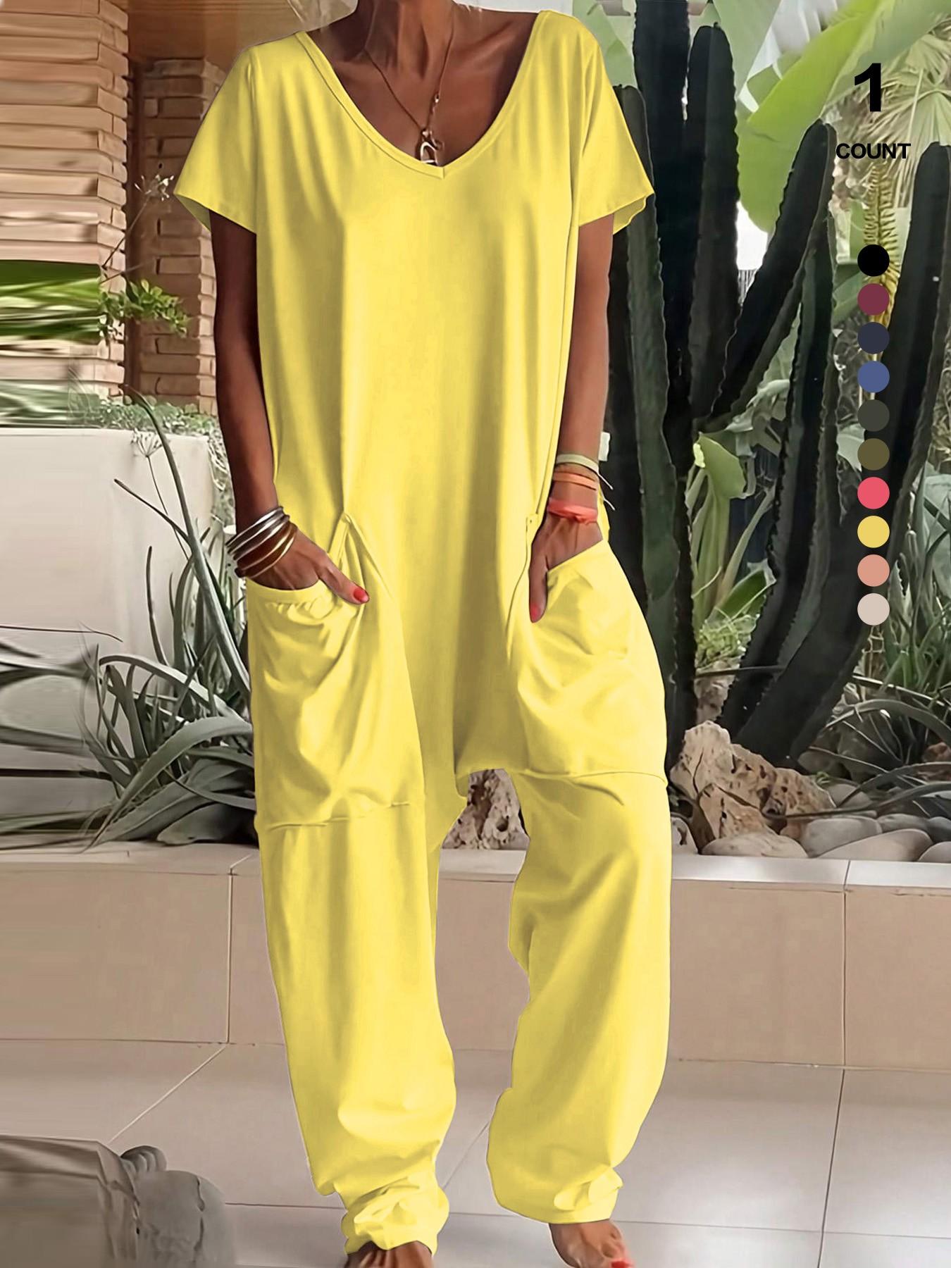 1/2/3 pcs Oversized Women's Harem Jumpsuit, Bohemian Style One-Piece Romper with Side Pockets, Casual Fashion for All-season 2026