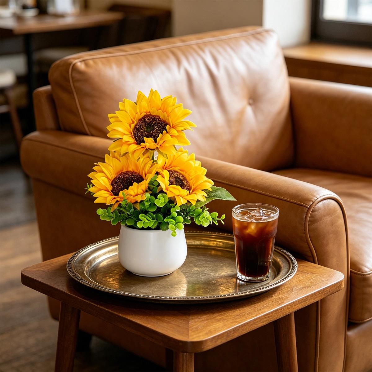 1pc Artificial Sunflower Arrangement in White Pot - Fake Yellow Sunflowers with Eucalyptus Greenery - No Maintenance Tabletop Decor for Home Office - Bright Floral Centerpiece, Housewarming Gift