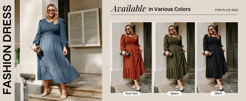 Hanna Nikole Women's Plus Size Dresses Long Sleeve V Neck Maxi Smocked Fall Casual Flowy Tiered Dress with Pockets