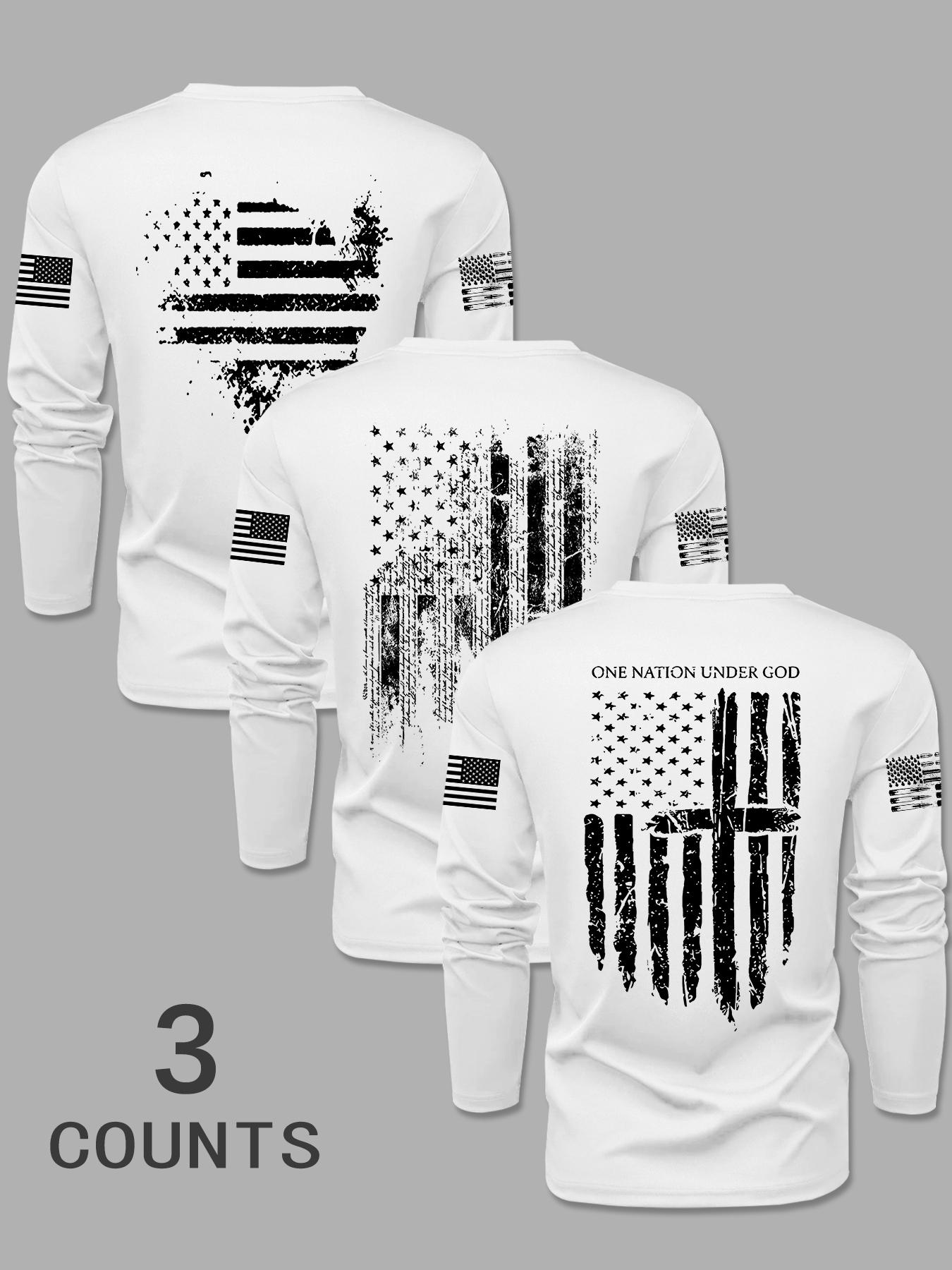 Men's Long Sleeve Round Neck T-Shirts, Casual Polyester Knit Tops with Flag Print, Fitted Style for Outdoor Leisure Daily Wear